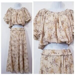 Moon River Floral Ruffle Crop top Puffed Sleeves & Tiered Maxi Skirt Outfit Set